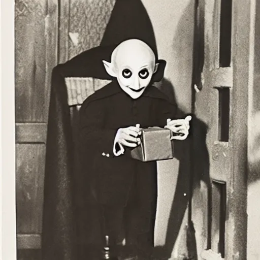 Image similar to adorable count orlok opening presents on christmas, vintage photograph, 4 k