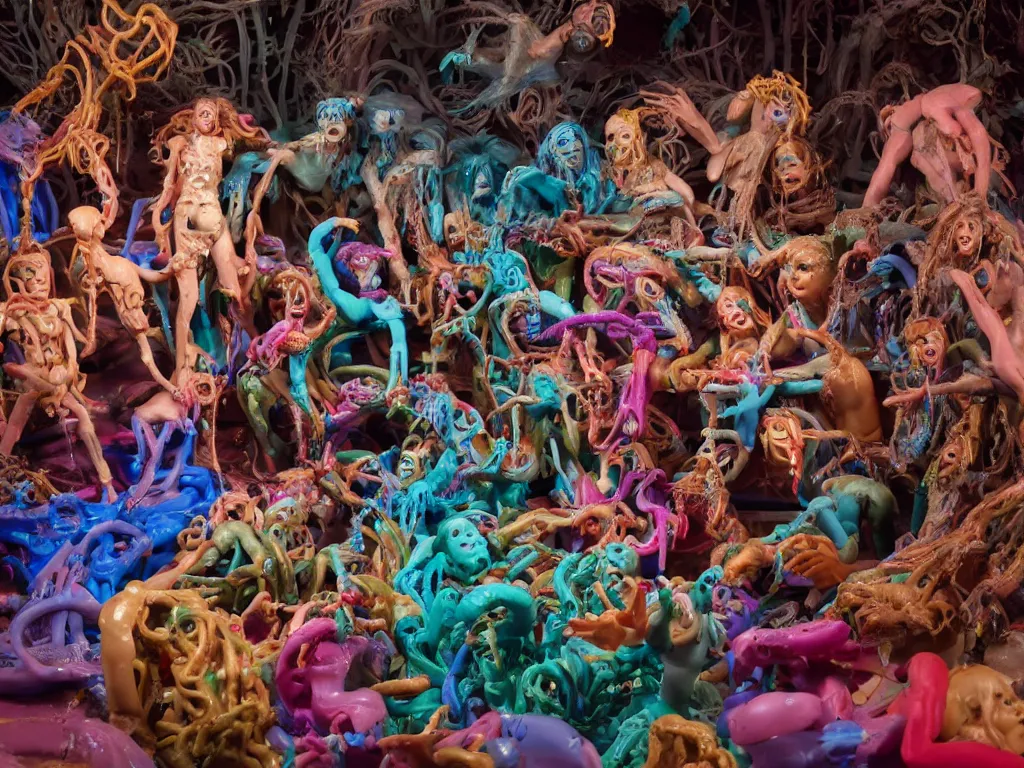 Image similar to diorama of the raft of the medusa as an animatronic schlock body horror comedy film, fun, animatronic figures, Sally Corporation, Garner Holt, play-doh, lurid, vivid colors, neon lights, rubber latex, realistic materials, fleshy, Cronenberg, Rick Baker, daylight, photo real, wet, slimy, wide angle, rule of thirds, 28mm, 1984, Eastman EXR 50D 5245/7245