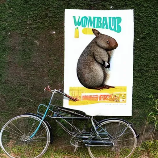 Prompt: a wombat posing next to a vintage bicycle in a 1970s poster design