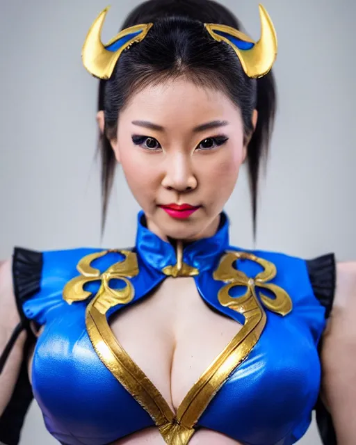 Prompt: Beautiful close highly detailed portrait of a Chun-Li from Street Fighter 2 cosplayer in her iconic signature main outfit. Award-winning photography. XF IQ4, 150MP, 50mm, f/1.4, ISO 200, 1/160s, natural light, rule of thirds, symmetrical balance, depth layering, polarizing filter, Sense of Depth, AI enhanced