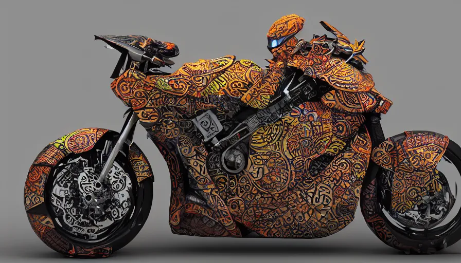 Image similar to a futuristic motorcycle decorated with batik motifs, trending on artstation, cinematic, octane render, ultrarealistic