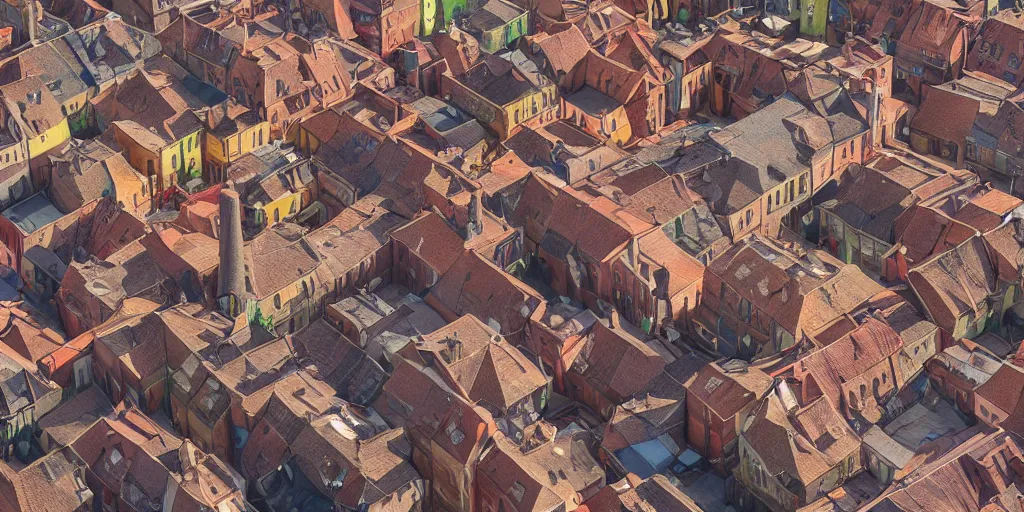 Prompt: Matte painting of a fantasy town with narrow streets, red brick rooves with chimneys and smoke, aerial perspective colorful marketplace