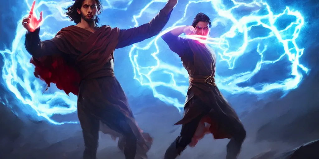 Prompt: epic scene of a handsome brown haired male sorcerer he is casting a blue and red spell that is emanating from his hands, heroic pose, medium shot, waist up, epic composition, dynamic lighting, post processing, concept art, cinematic, trending on artstation, by greg rutkowski