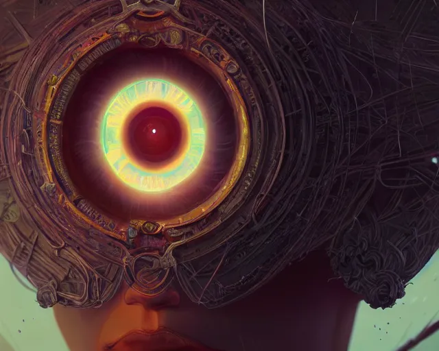 Image similar to portrait of mystic giant eye, intricate abstract. intricate artwork, by tooth wu, wlop, beeple, dan mumford. concept art, octane render, trending on artstation, greg rutkowski very coherent symmetrical artwork. cinematic, key art, hyper realism, high detail, 8 k, iridescent accents