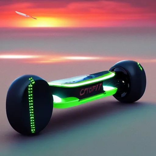 Image similar to concpet art featuring a futuristic ferrari themed hoverboard. beach, sunset. fine detail. this 4 k hd image is trending on artstation, featured on behance, well - rendered, extra crisp, features intricate detail, epic composition and the style of unreal engine.