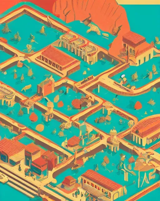 Prompt: western town, 1900, teal coral and gold leaf colours, intricate detail, infographic in the style of isometric Wes Anderson