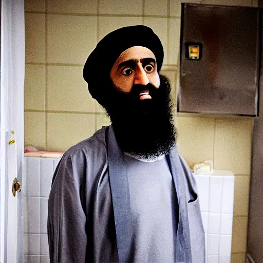Prompt: osama bin Laden standing on a toilet in a rotting gas station bathroom, award winning photo, trending, hyperrealistic, 8k. Osama is on top of the toilet, extremely happy at what he’s done, ultra high definition real osama on toilet