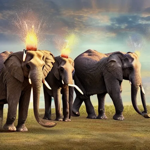 Image similar to three elephants having a cool birthday party, photo, highly detailed