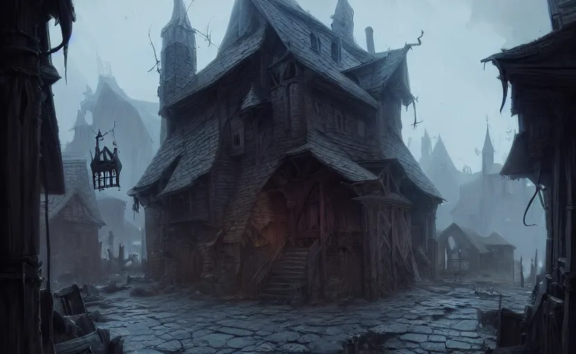 Image similar to epic concept art depicted an old medieval mystic town. art by jakub rebelka & tyler edlin & tomek setowski. dramatic mood, overcast mood, dark fantasy environment. trending on artstation, unreal engine, hyperreal movie shot