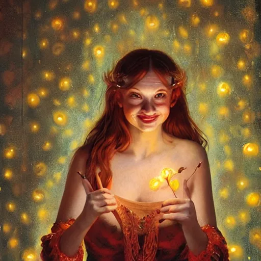 Image similar to a totally amazed smiling pretty woman surrounded by golden firefly lights in a mesmerizing scene, fully covering intricate detailed bohemian outfit, long loose red hair, precise linework, accurate green eyes, small nose with freckles, beautiful smooth oval head, expressive emotions, hyper realistic ultrafine portrait by artemisia gentileschi, jessica rossier, greg rutkowski, artgerm