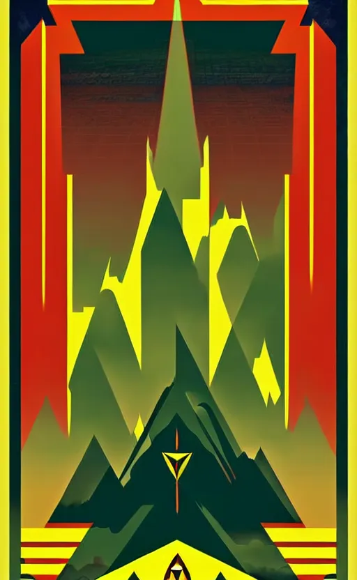 Image similar to art deco travel poster. hyrule field legend of zelda ocarina of time