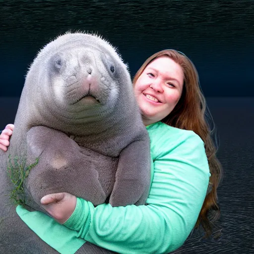 Image similar to fluffy pygmy manatee being hugged by a person, realistic, fantasy, pet, adorable, national geographic