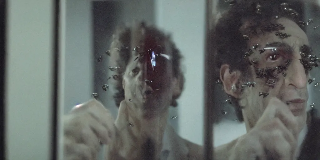 Image similar to ultra wide angle photo of jeff goldbloom dressed as seth brundle is looking at himself in a bathroom mirror and seeing his reflection as the fly, a mutated insect version of jeff goldbloom