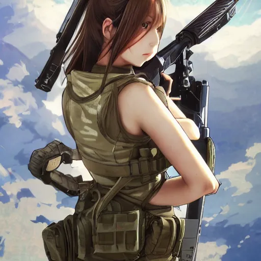 Image similar to soldier girl, anime style, long hair, hair down, symmetrical facial features, girls frontline cg, hyper realistic, pale skin, 4 k, rule of thirds, extreme detail, detailed drawing, trending artstation, hd, heavy gear, d & d, realistic lighting, by alphonse mucha, greg rutkowski, sharp focus, backlit, army