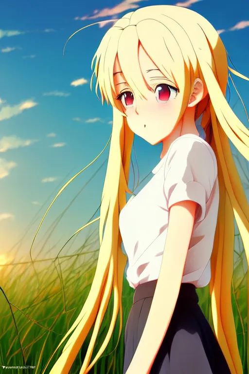 Prompt: anime art, anime key visual of elegant female, long blonde hair and large eyes, finely detailed perfect face, standing in the grass at sunset, golden hour sunset lighting, background blur bokeh!!, trending on pixiv fanbox, studio ghibli, greg rutkowski,