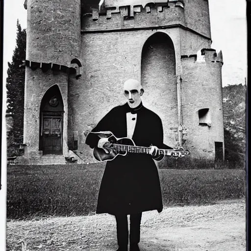 Image similar to vintage photograph of count orlok outside his castle, playing the blues on guitar, castle in the background, 4 k