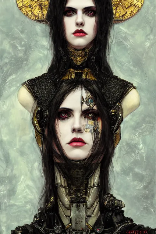 Image similar to portrait of beautiful gothic Alexandra Daddario, cyberpunk, Warhammer, highly detailed, artstation, illustration, art by Gustav Klimt