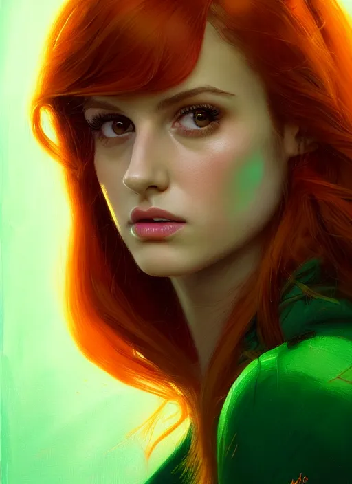 Image similar to portrait of teenage cheryl blossom, bangs, green eyes, mean expression, mischievous expression, red hair, bangs and wavy hair, bangs, intricate, elegant, glowing lights, highly detailed, digital painting, artstation, concept art, smooth, sharp focus, illustration, art by wlop, mars ravelo and greg rutkowski