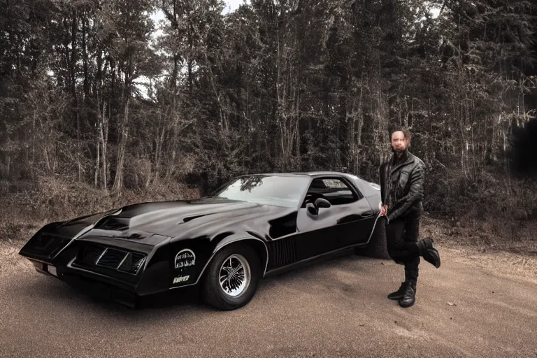 Prompt: close up of micheal knight wearing biker jacket standing next to pontiac firebird trans - am with black paint, sunrise, eerie light, fireflies, dramatic, cinematic, forest, horror, sunbeams, volumetric lighting, wide shot, low angle, lightning storm hitting the car