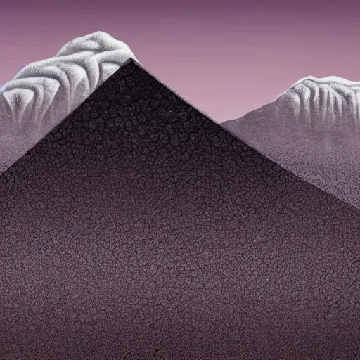 Prompt: black - monolith - with - silvery - diamond - pattern, on a mountainside, layers of fog, at sunset, attended by mastadon. surrealism.