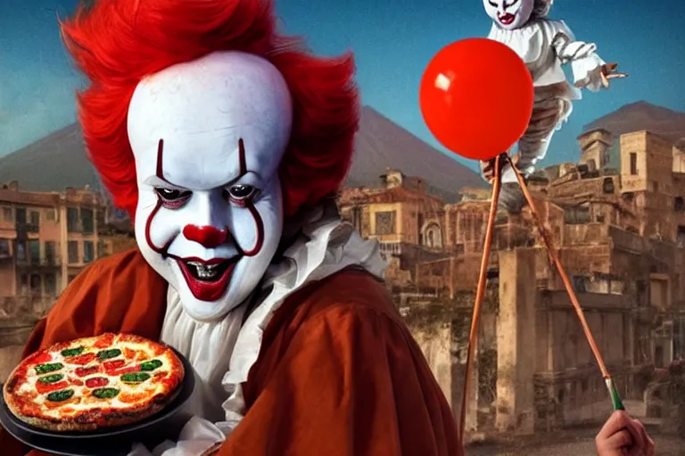 Prompt: pennywise as pulcinella! with a pizza! margherita! in front of vesuvius!, by esao andrews, by james jean, humorous illustration, hyperrealistic, big depth of field, warm colors, night scenery, low light, 3 d octane render, 4 k, conceptart, masterpiece, hyperrealistic, trending on artstation