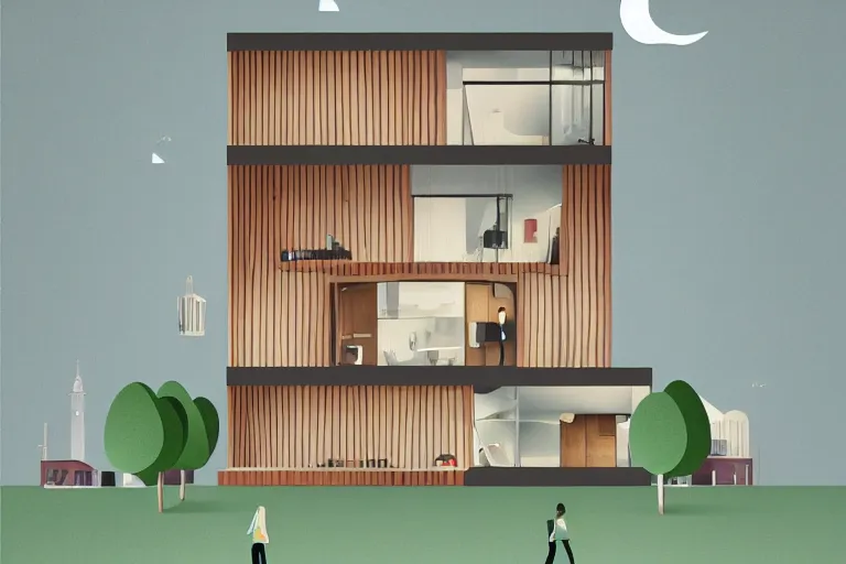 Image similar to a beautiful flat 2 dimensional illustration of a cross section of a house, view from the side, a storybook illustration by muti, colorful, minimalism, featured on dribble, unique architecture, behance hd, dynamic composition