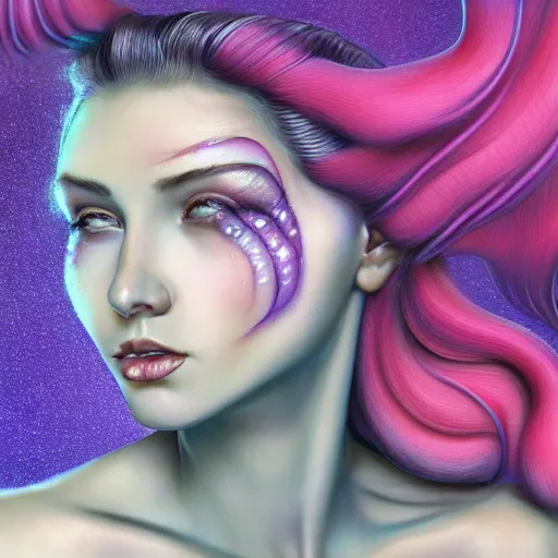 Prompt: a picture of a woman with a spiral in her hair, an airbrush painting by marco mazzoni, featured on zbrush central, generative art, zbrush, behance hd, airbrush art