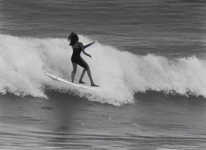 Image similar to surfergirl surfning a big wave in the 8 0's. shark fin in the water