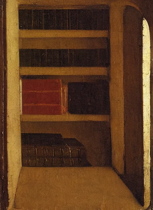 Image similar to bookshelf with books, medieval painting by jan van eyck, johannes vermeer, florence