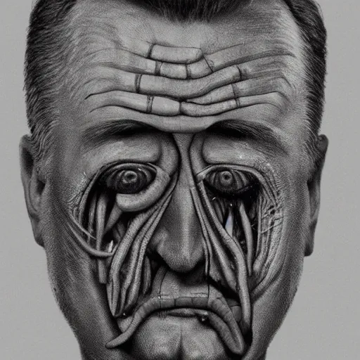 Image similar to Portrait by H.R.Giger of Igor Ivanovich Strelkov degraded abomination, photo-realistic, 2K, highly detailed, bioart, bodyhorror