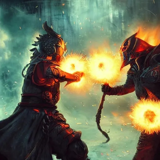 Image similar to pyrokinetic wizards sparring with fireballs. digital art. chris rahn. ruan jia. bussiere. detailed. photo realistic. unreal engine. trending on artstation. award winning artwork.