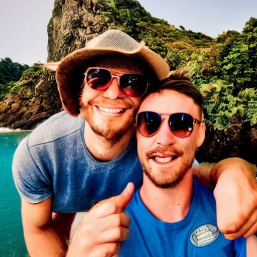 Prompt: polaroid of Homelander and Billy Butcher on holiday having a great time together