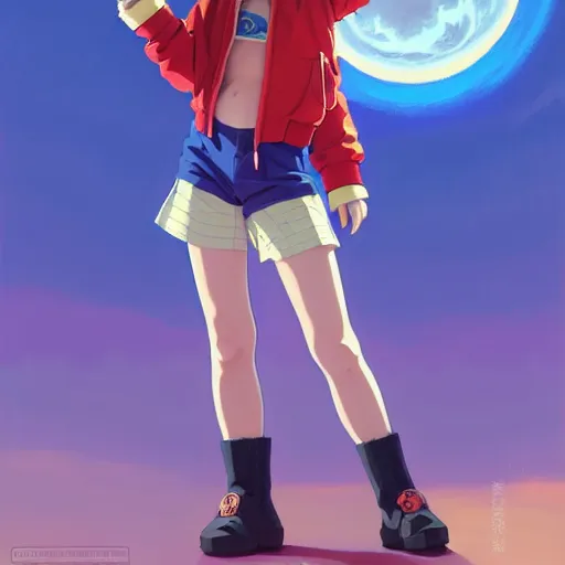 Image similar to beautiful boyish natalie portman gravure model in majora's mask, wearing big mayan bomber jacket with overalls and leotard, big bomber jacket with subtle mayan patterns, aztec bathing suit, gapmoe yandere grimdark, trending on pixiv fanbox, painted by greg rutkowski makoto shinkai takashi takeuchi studio ghibli, akihiko yoshida