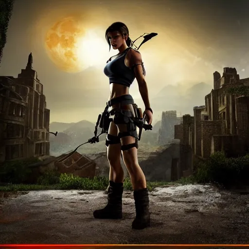 Prompt: a woman that looks similar to lara croft leaning against a brick wall. She is on the right side of the image, you can see the left side of her body. The scene is at night, lit by the moon. It feels like the scene is in some sort of super realistic virtual reality simulation. You can see the city behind her, everything feels like super advanced cgi graphics with ray tracing. Trending on artstation