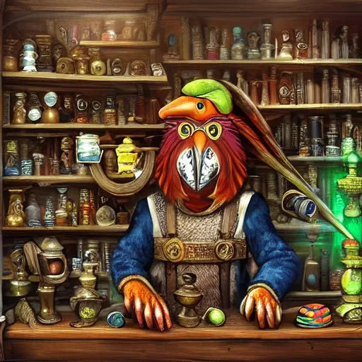 Prompt: Anthropomorphized parrot trader in his shop, shelves full, selling a gem, portrait, items, magic potions, carpet, window, fancy funny hat, sly expression , cunning expression, cute expression, presenting magic gem, D&D, fantasy, cinematic lighting, highly detailed, digital painting, artstation, concept art, smooth, sharp focus, illustration, warm light, cozy warm tint, magic the gathering artwork, volumetric lighting, 8k, no gold, no gold colours, books, art by Akihiko Yoshida, Greg Rutkowski