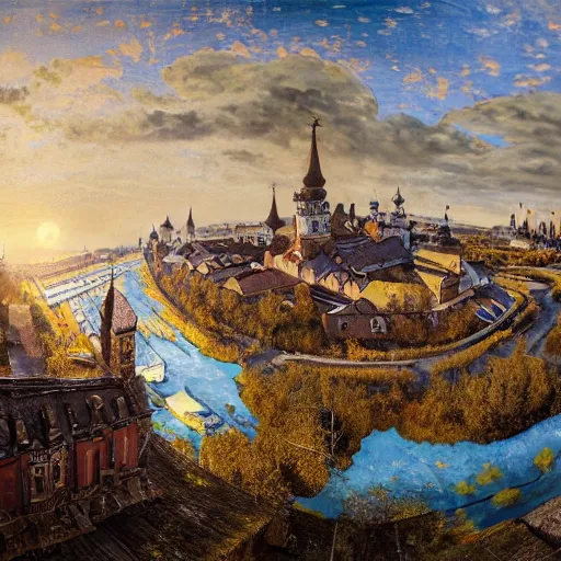 Prompt: photo beautiful ancient Slavic Russian city of Kitezh, fisheye lens, painting by Viktor Vasnetsov, concept art, magical city, fantasy cityscape, ancient Slavs, wooden buildings, ancient Russian architecture, terem, hyperborea, top cinematic lighting , cinematic mood, very detailed, 8k, high resolution, trending on artstation, artstationHD,