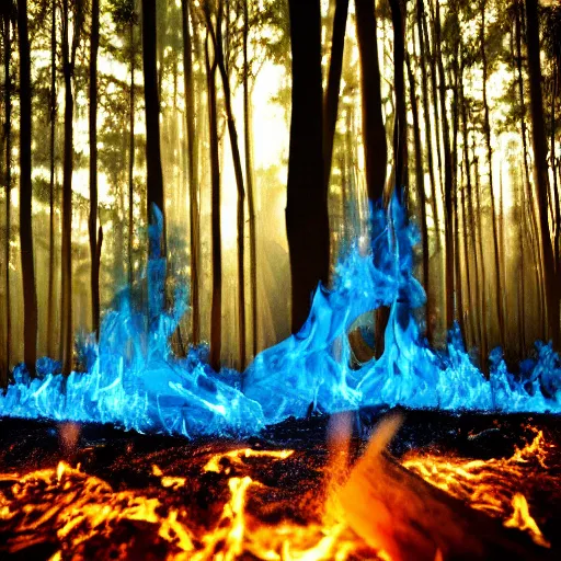 Image similar to a forest burning with blue fire, tragic scene, render