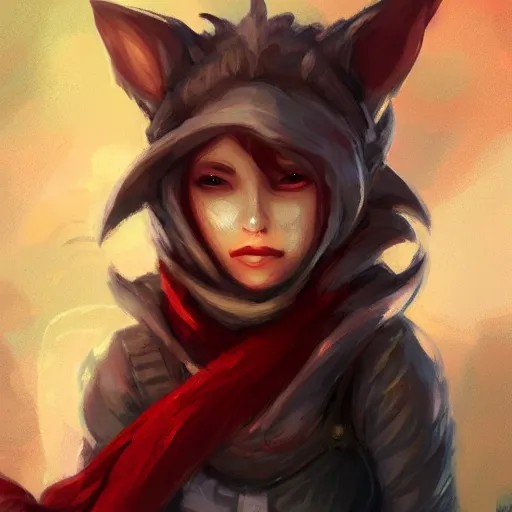 Image similar to Yordle Female portrait, cute, Red Scarf, Earnest, diminutive by Anato Finnstark, Tony Sart highly detailed, digital illustration, concept art