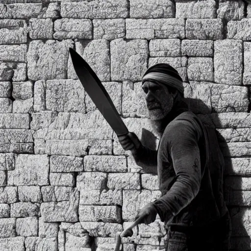 Image similar to award winning cinematic still of 40 year old Mediterannean skinned man building a wall in Jerusalem, holding a sword and a chisel, dramatic lighting, strong shadows, directed by Steven Spielberg