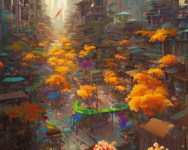 Image similar to great, colorful kitsune city, bamboo, flowers, anime, a fantasy digital painting by Greg Rutkowski and James Gurney, trending on Artstation, highly detailed