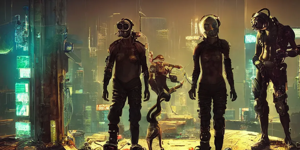 Image similar to cyberpunk cat gang, fallout 5, studio lighting, deep colors, apocalyptic setting, sneak peek into the future