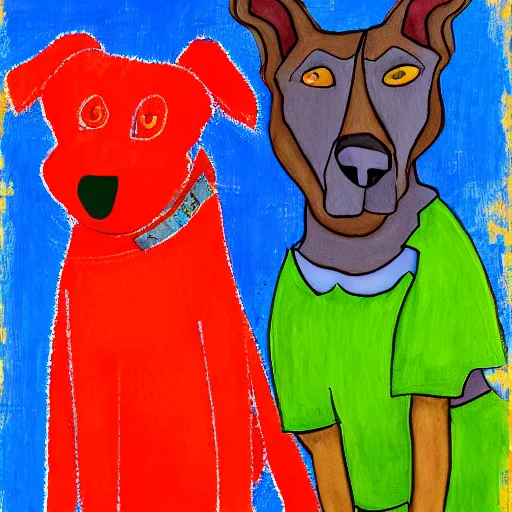 Prompt: red dog sitting next to blue cat