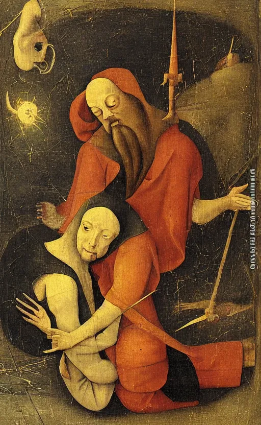 Image similar to two men in love seperated by a deity, on one side is light on the other is darkness in the style of hieronymus bosch, lots of colour