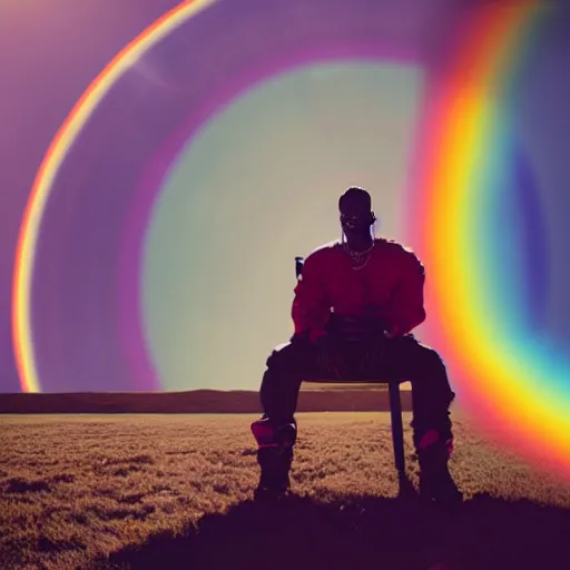 Image similar to Travis Scott sitting on a chair floating over Earth, 4k, Aubrey Powell, vintage photo, lens flare, beautiful cinematography, rainbow, surreal, film grain