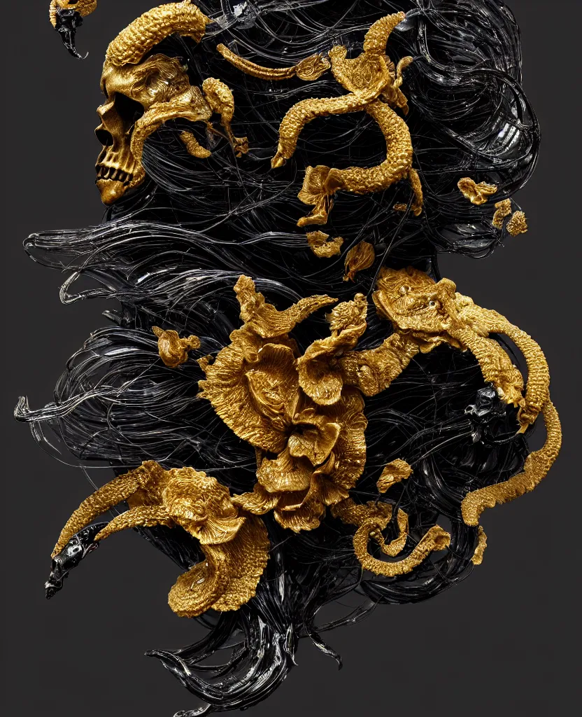 Image similar to fully black background. background hex 000000. goddess princess face close-up portrait ram skull. sculpture made of gold and black charcoal. jellyfish phoenix head, nautilus, orchid, skull, betta fish, bioluminiscent creatures, intricate artwork by Tooth Wu and wlop and beeple. octane render, trending on artstation, greg rutkowski very coherent symmetrical artwork. cinematic, hyper realism, high detail, octane render, 8k