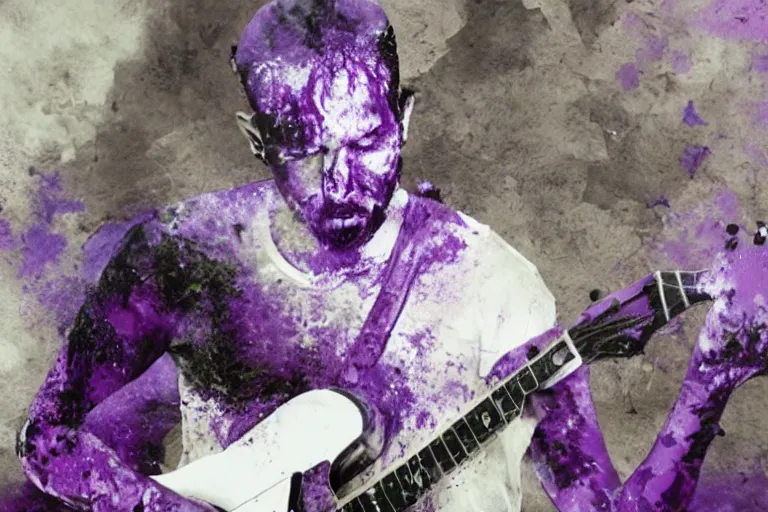 Image similar to dripping purple faded paint across the shape of a male human playing guitar, realistic, high detail, on a white damage background