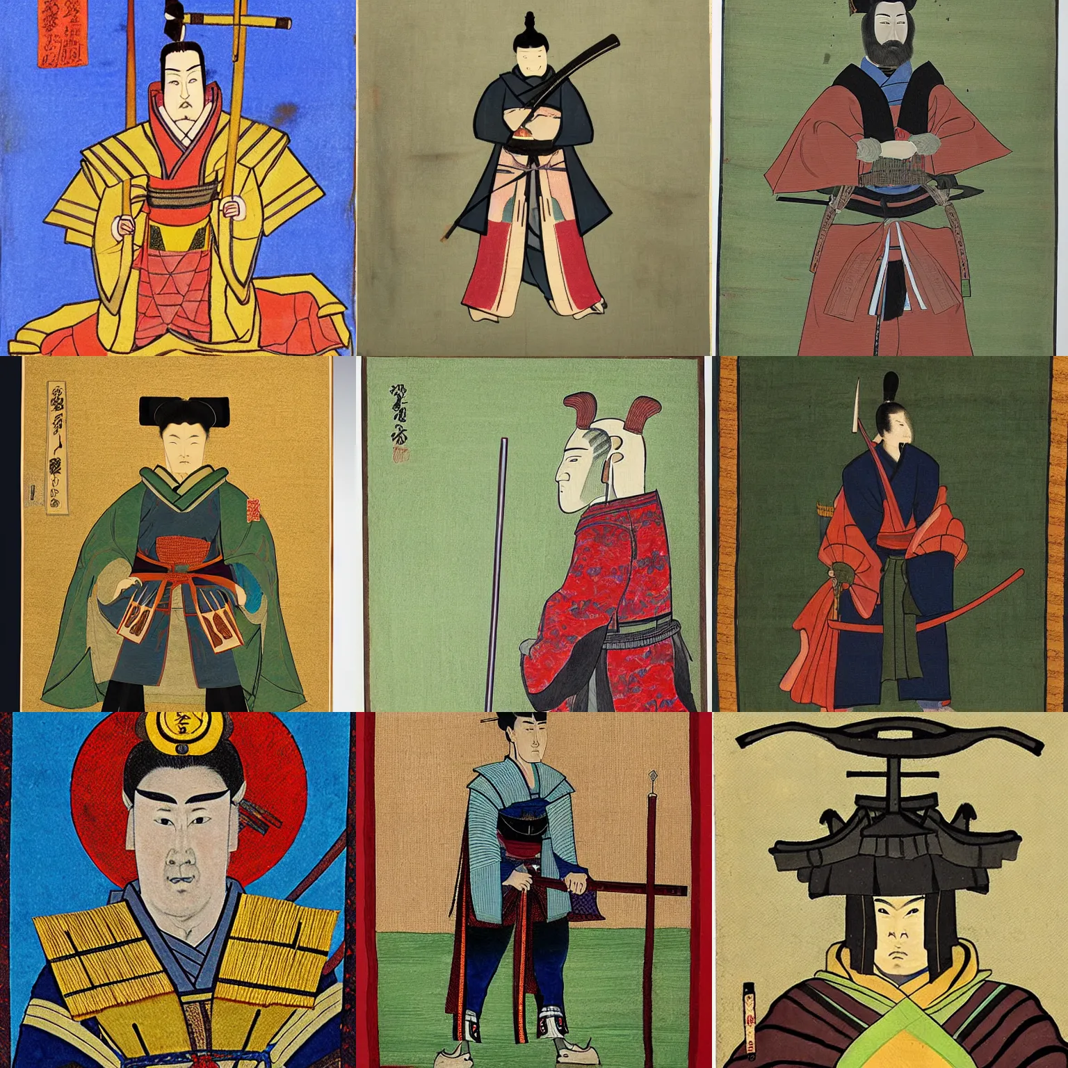 Prompt: a Tempera painting of a medieval Japanese samurai