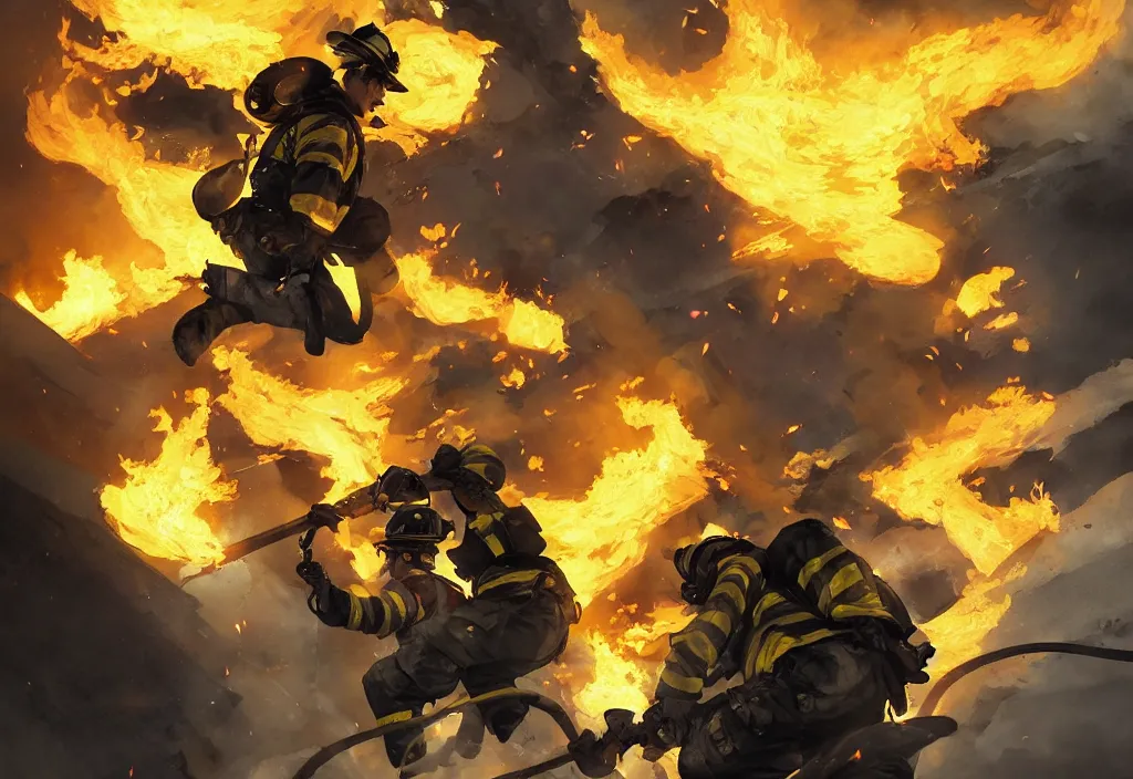 Image similar to one heroic firefighter in action in black and yellow uniform, fire flames, sharp details, sharp focus, realistic, highly detailed, illustration, by jordan grimmer and greg rutkowski and pine ( ハイネ ) and 薯 子 imoko and 香 川 悠 作 and wlop and maya takamura, intricate