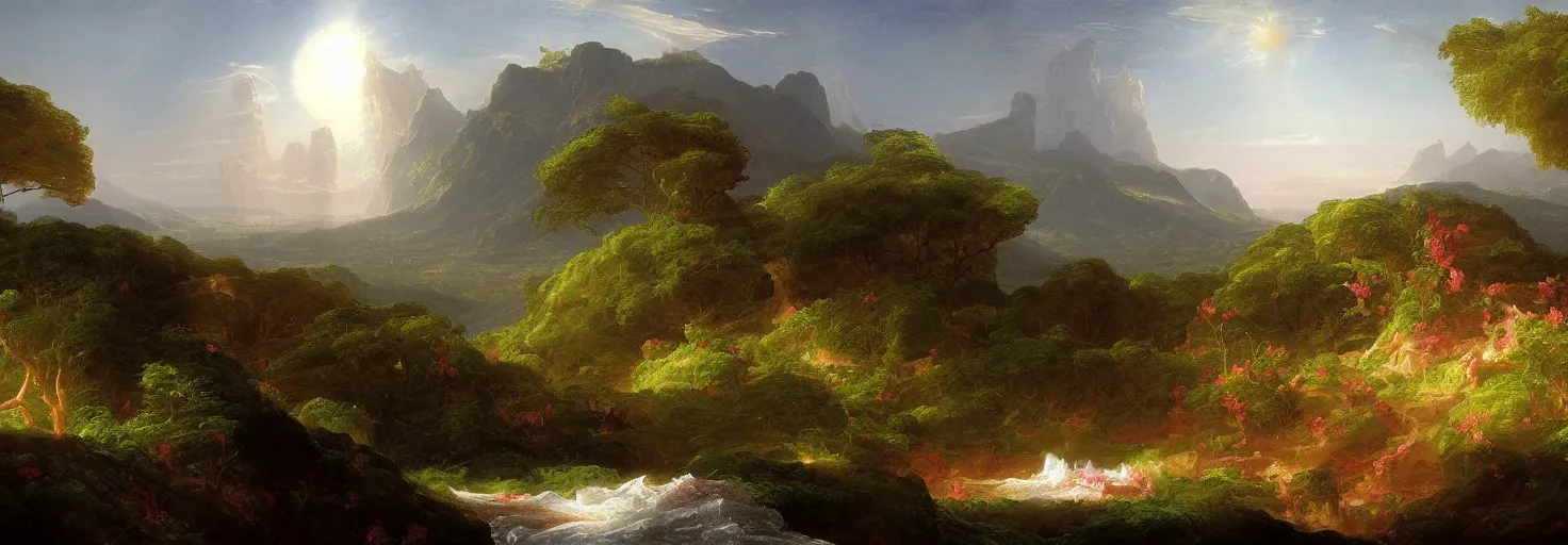 Image similar to alien exoplanet : landscape : flora and fauna : thomas cole