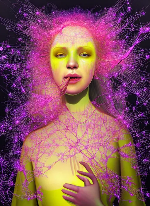 Image similar to hyper detailed 3d render like a Oil painting - Aurora (Singer) looking adorable and seen joyfully Eating of the Strangling network of yellowcake aerochrome and milky Fruit and Her delicate Hands hold of gossamer polyp blossoms bring iridescent fungal flowers whose spores black the foolish stars to her smirking mouth by Jacek Yerka, Mariusz Lewandowski, Houdini algorithmic generative render, Abstract brush strokes, Masterpiece, Edward Hopper and James Gilleard, Zdzislaw Beksinski, Mark Ryden, Wolfgang Lettl, hints of Yayoi Kasuma, octane render, 8k